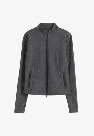 Mørkegrå langærmet lynlåstrøje med opretstående krave, to forlommer med lynlås og ærmeafslutninger med hul til tommelfinger.