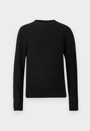 Svart stickad tröja med långa ärmar, rund halsringning, texturerad tyg och ribbade muddar och nederkant. Enkel, enfärgad design.