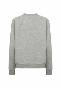 Világosszürke hosszú ujjú pulóver bordázott mandzsettával, szegéllyel és gallérral, hátulnézetben, fehér háttér előtt.