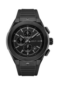 Reloj cronógrafo negro con caja de acero inoxidable en forma redonda, correa de goma negra texturizada, esfera negra, índices plateados y pantalla de fecha.