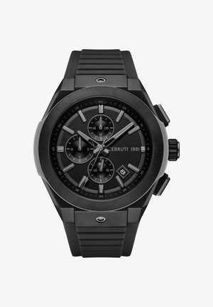 Orologio cronografo nero con cassa rotonda in acciaio inossidabile, cinturino in gomma nera texturizzata, quadrante nero, indicatori delle ore argentati e display della data.