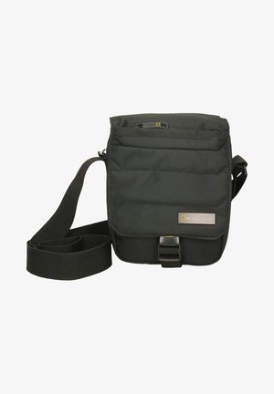 Schwarze Nylon-Umhängetasche mit verstellbarem Tragegurt, Frontklappe, Reißverschlusstaschen und National Geographic-Logo. Leicht gepolstertes Design.