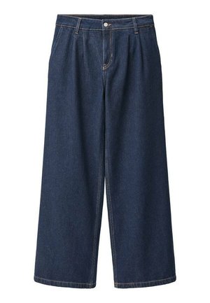 VIDA-bredd denimbyxor i mörkblått med en ren finish, med framviktningar, knappstängning och kontrasterande sömmar.