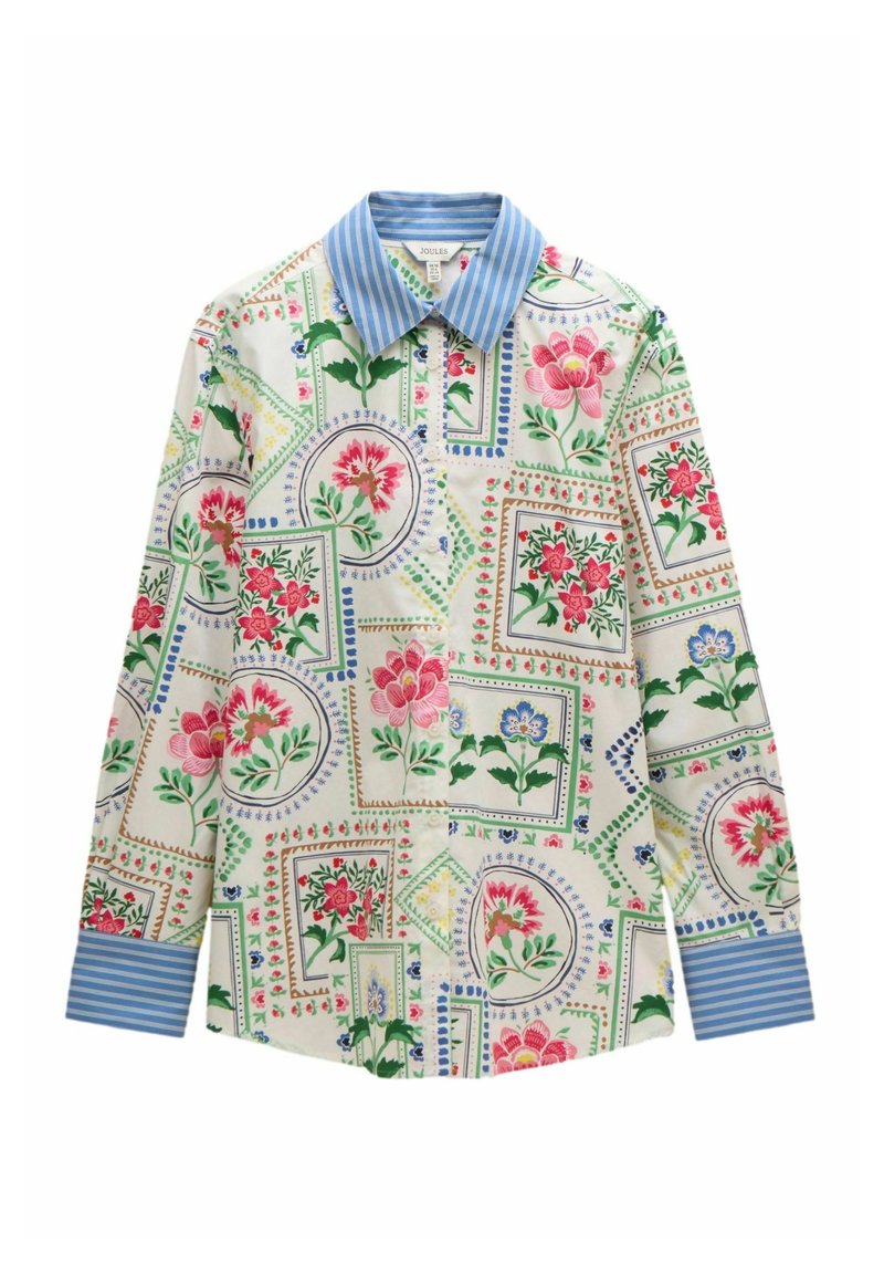 Button-up shirt in floral print with pink and green flowers on a cream background. Features a blue striped collar and cuffs.