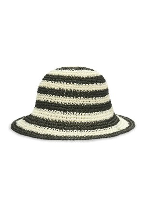 Chapeau bob tissé rayé noir et blanc avec un large bord, présenté sur fond blanc.