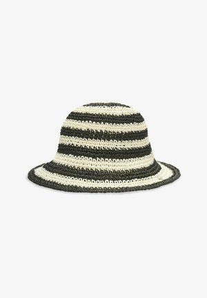 Chapeau bob tissé rayé noir et blanc avec un large bord, présenté sur fond blanc.