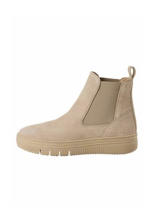Beige nubukové kotníkové boty s elastickými bočními panely a strukturovanou gumovou podrážkou. Mají poutko na zadní straně pro snadné obouvání a zouvání.