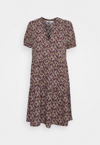 Kurzes Kleid mit V-Ausschnitt, aus leichtem Stoff mit einem floralen Muster in Lila, Weiß und Orange auf einem dunklen Burgunder-Hintergrund.