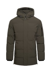 Gepolsterte Winterjacke in Dunkelgrün mit hohem Kragen und Kapuze, mit Reißverschlusstaschen und elastischen Bündchen für Wärme und Komfort.