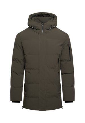 Padded winter jacket in dark green, featuring a high neck with a hood, zippered pockets, and elastic cuffs for warmth and comfort.