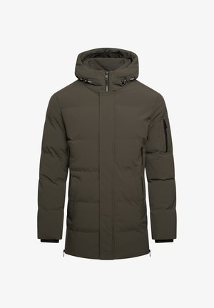 Padded winter jacket in dark green, featuring a high neck with a hood, zippered pockets, and elastic cuffs for warmth and comfort.