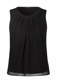 Blouse noire sans manches avec encolure ronde et plis subtils au centre avant, présentant un ourlet légèrement transparent.