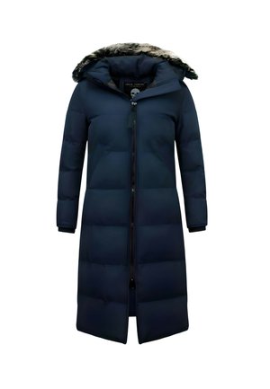 Lange donkerblauwe gewatteerde winterjas met capuchon met bontkraag en rits aan de voorkant, getoond op een witte achtergrond.