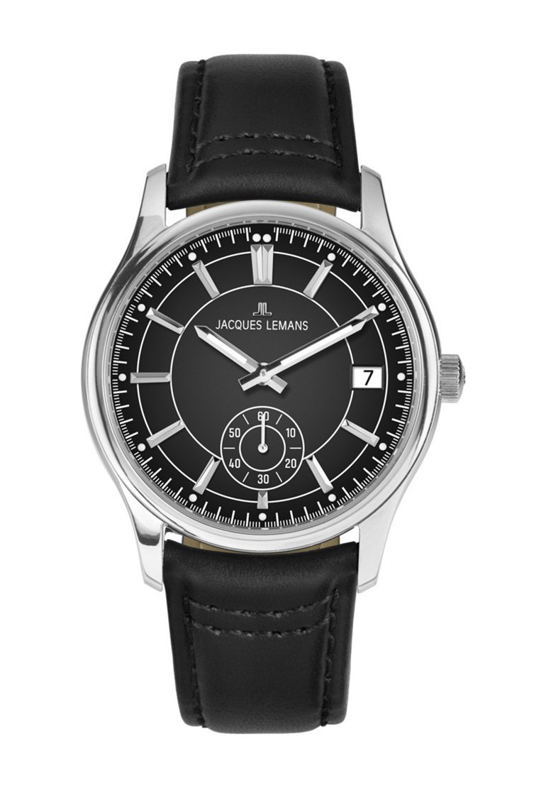Herrur med analog visning och svart urtavla. Kapsel i rostfritt stål, silverfärgade timmarkeringar, sekundvisare i en subdial och svart läderarmband.