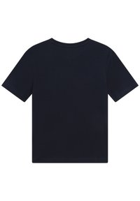 Granatowa koszulka z bawełny, z krótkimi rękawami, okrągłym dekoltem i czystym designem bez nadruków i ozdób.
