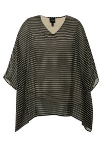 Khaki Poncho-Oberteil mit V-Ausschnitt und kurzen Ärmeln, das abwechselnd dünne und dicke weiße Streifen auf einem transparenten Stoff zeigt.
