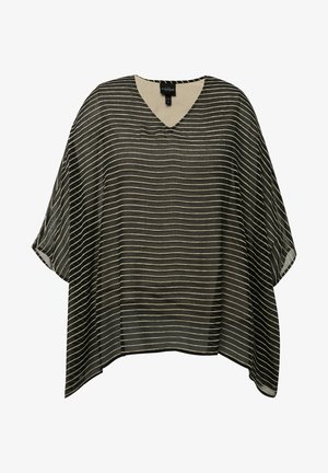 Khaki pončo s výstřihem do V a krátkými rukávy, který má střídavé tenké a silné bílé pruhy na průhledném materiálu.