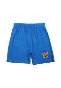 Shorts en coton bleu avec une taille élastique et un imprimé de personnage d'un chien portant une casquette sur la cuisse gauche. Texture douce, design décontracté.