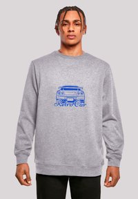 Gray sweatshirt featuring a blue retro car graphic and text, crew neck design, and long sleeves. Fabric appears textured.