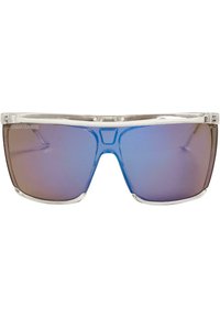 Lunettes de sport avec une monture transparente, des verres teintés de bleu passant au violet. Elles présentent un design aérodynamique et une forme audacieuse.