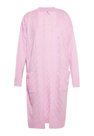 Cardigan lavorato a maglia di colore rosa chiaro con maniche lunghe, apertura frontale, motivo testurizzato e due tasche anteriori. Polsini e orlo a coste.
