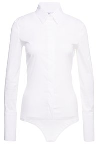 Bílý dlouhý rukáv fitted body s límečkem a skrytými předními knoflíky, navržený pro štíhlý siluetu.