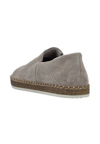 Grey suede slip-on shoe with perforated upper, featuring a jute-wrapped midsole and white rubber outsole.