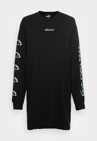 T-shirt noir à manches longues en coton avec col rond. Présente un logo blanc "ellesse" sur la poitrine et des motifs lavande sur les manches.