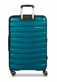 Hartschalenkoffer in Teal mit strukturiertem, geriffeltem Design, ausziehbarem Griff und vier Rollen für einfache Mobilität.