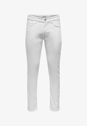 Slim-fit valged teksad, millel on nööp- ja luku sulgur, vööaasad ning viis taskut, loodud vabaaja kandmiseks.