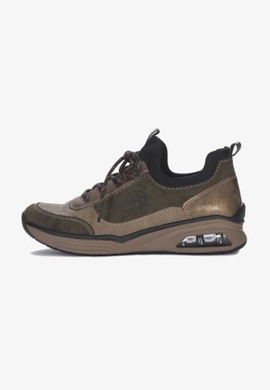 Brown and olive suede sneaker with black accents, textured upper, round toe, lace-up design, and visible air cushioning in the sole.
