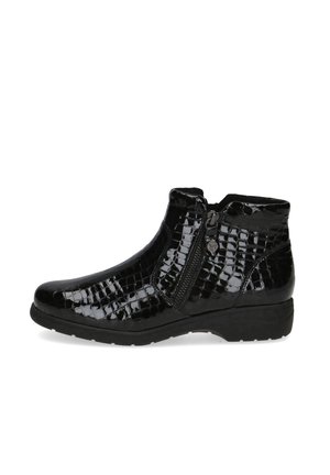 Bottine en cuir verni noir avec motif crocodile texturé, fermeture éclair latérale et petit talon, pour un usage décontracté ou formel.