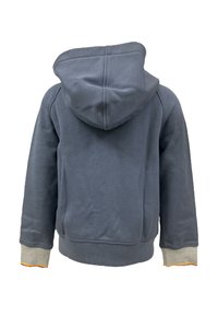 Felpa grigia con cappuccio e una texture morbida, dotata di tasca a marsupio, polsini a coste con dettagli arancioni e un design sul retro semplice.