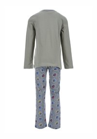 Szara koszula z długim rękawem i okrągłym dekoltem w połączeniu z szarymi spodniami z kolorowymi wzorami twarzy zwierząt. Całość wykonana z miękkiej bawełny.