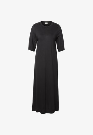 Vestito midi nero con maniche corte, scollo rotondo e taglio dritto e ampio.