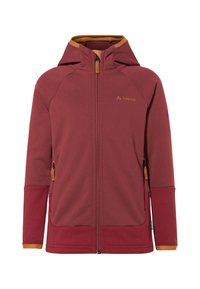 Rote Fleecejacke mit Kapuze und kontrastierenden orangen Akzenten. Verfügt über Reißverschlusstaschen und einen Reißverschluss. Glatte Textur und sportlicher Schnitt.