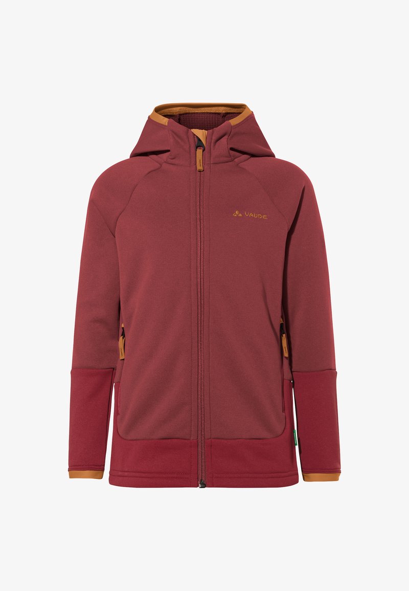 Rote Fleecejacke mit Kapuze und kontrastierenden orangen Akzenten. Verfügt über Reißverschlusstaschen und einen Reißverschluss. Glatte Textur und sportlicher Schnitt.