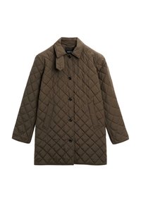 Quilted olivengrøn frakke med krave, frontknapper, sidelommer og et tekstureret diamantmønster over stoffet.