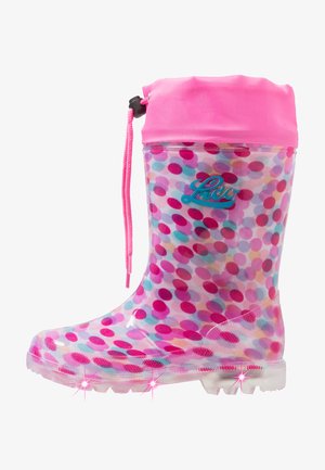 Botte de pluie en caoutchouc transparent avec un bracelet en tissu rose et un cordon de serrage, arborant un motif à pois dans des tons de rose, bleu et violet.