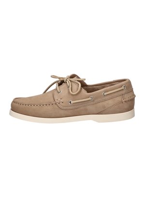 Beige leather boat shoe with white rubber sole, moccasin stitching, and lace tied in a bow on top.