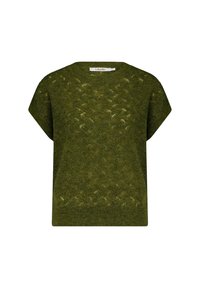 Gebreide trui met korte mouwen in olijfgroene kleur, met een gestructureerd patroon en een ronde halslijn. Zacht materiaal met een comfortabele pasvorm.