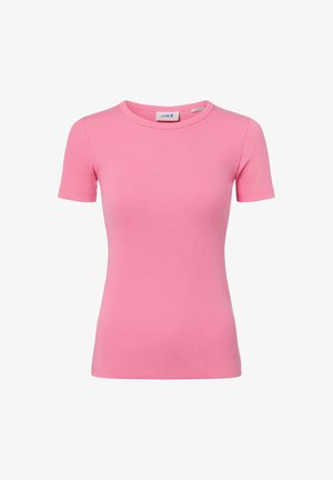 Solid pink short-sleeve ribbed knit T-shirt with a round neckline and fitted silhouette.