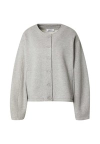 Lichtgrijze, cropped cardigan van zachte jersey stof, met een ronde halslijn, knopen aan de voorkant, twee zijzakken en ontspannen mouwen.