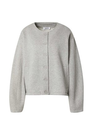 Hellgraue, kurze Strickjacke aus weichem Jerseystoff, mit rundem Halsausschnitt, Knopfverschluss, zwei seitlichen Taschen und lockeren Ärmeln.