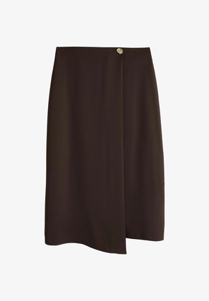 Fustă midi maro închis, tip tip plasă, cu tiv asimetric și închidere cu un singur nasture decorativ auriu în talie.