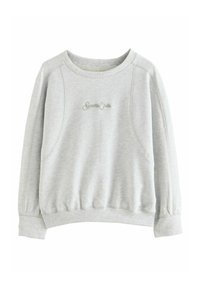 Light grey sweatshirt with a round neckline, ribbed cuffs, and hem. Features embroidered "Sports Club" text on the front. Soft texture.