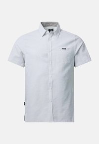Short-sleeve light gray textured button-up shirt with front chest pocket and collar, labeled "SEASIDE" on the pocket.