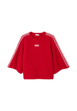 Red knit sweater with wide three-quarter sleeves, white stripes along shoulders and sleeves, and "AMERICAN VINTAGE" text on chest.