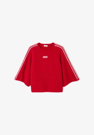 Red knit sweater with wide three-quarter sleeves, white stripes along shoulders and sleeves, and "AMERICAN VINTAGE" text on chest.