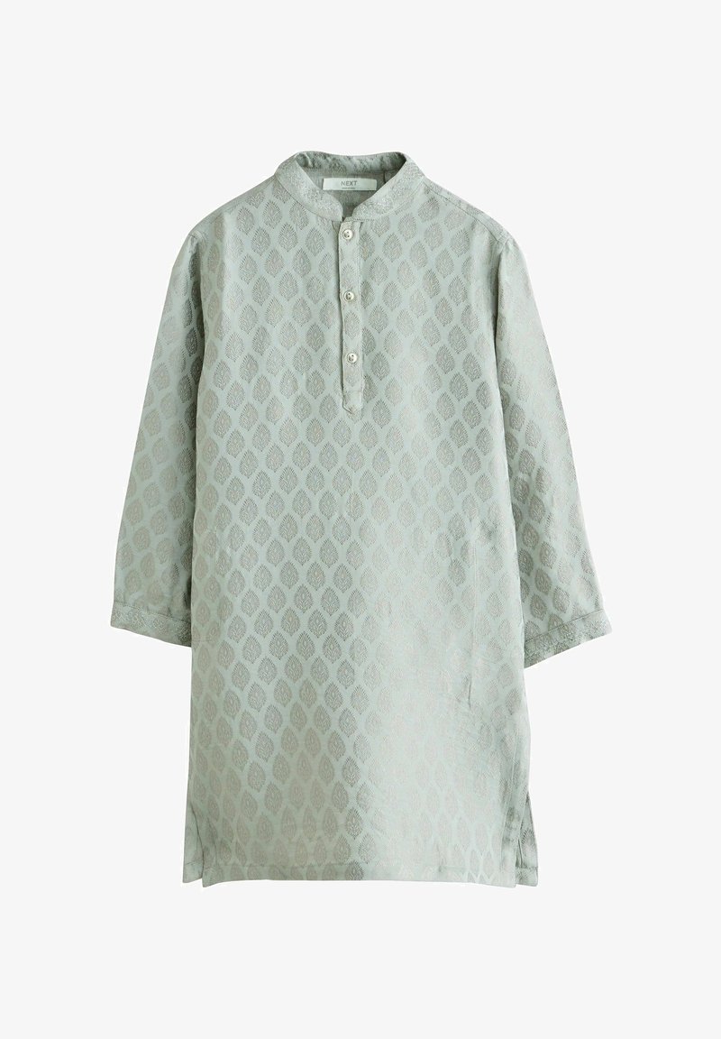 Tunique vert clair à manches longues avec un motif subtil de feuilles, col mandarin, patte de boutonnage à trois boutons et fentes latérales.